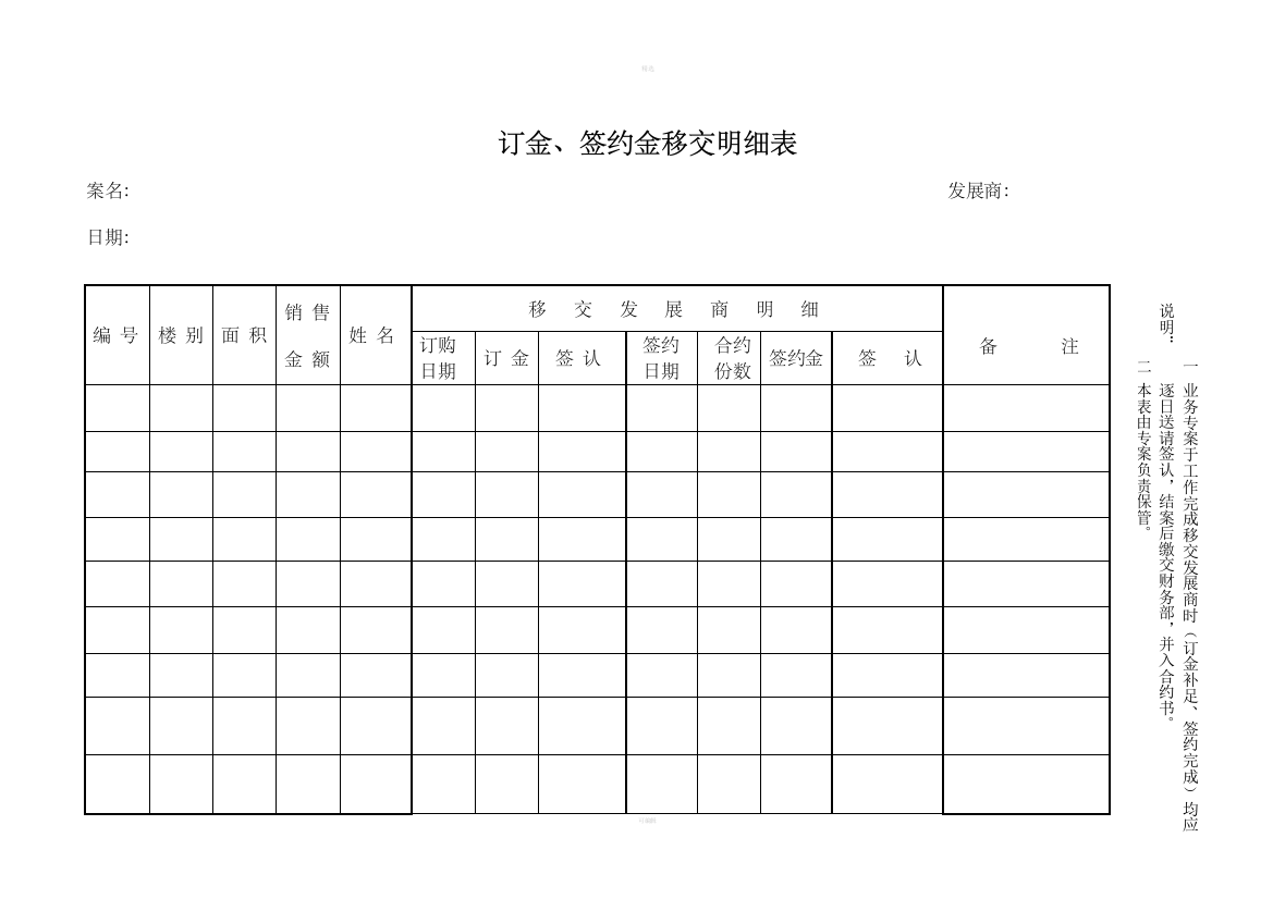 订金、签约金移交明细表