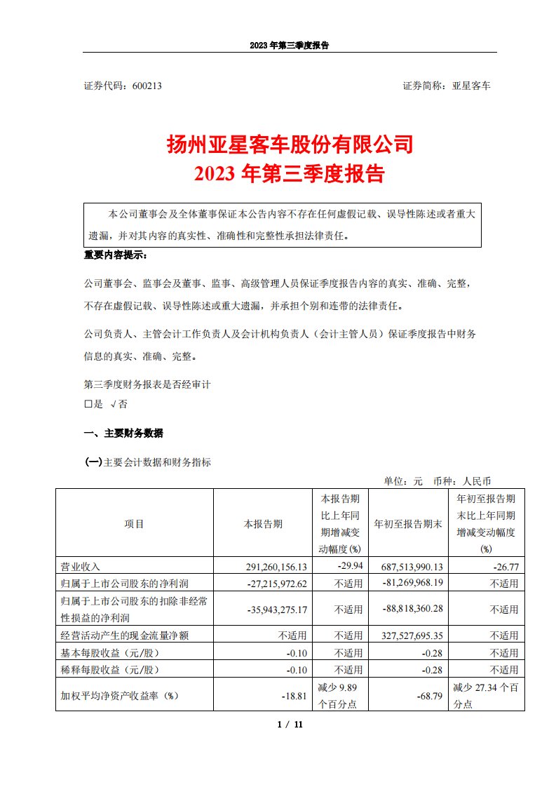 上交所-扬州亚星客车股份有限公司2023年第三季度报告-20231027