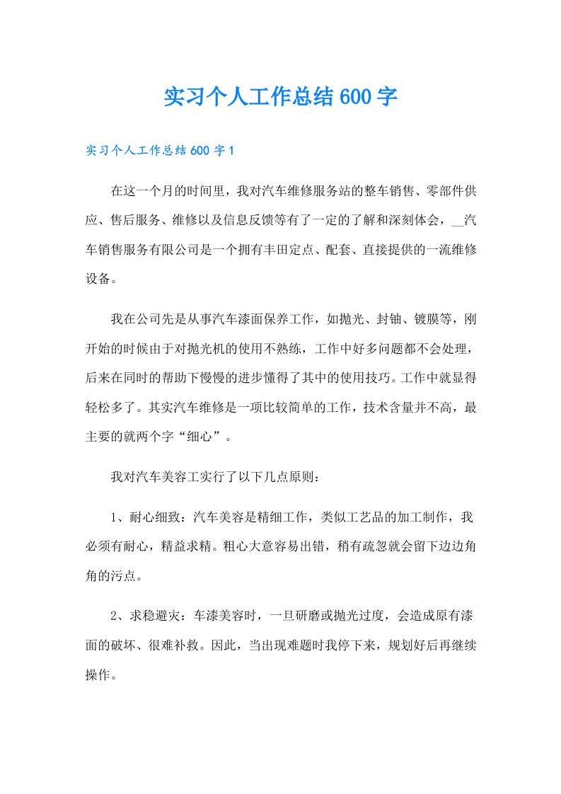 实习个人工作总结600字