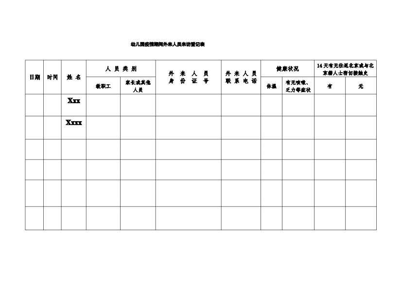 幼儿园疫情期间外来人员登记表-官方版