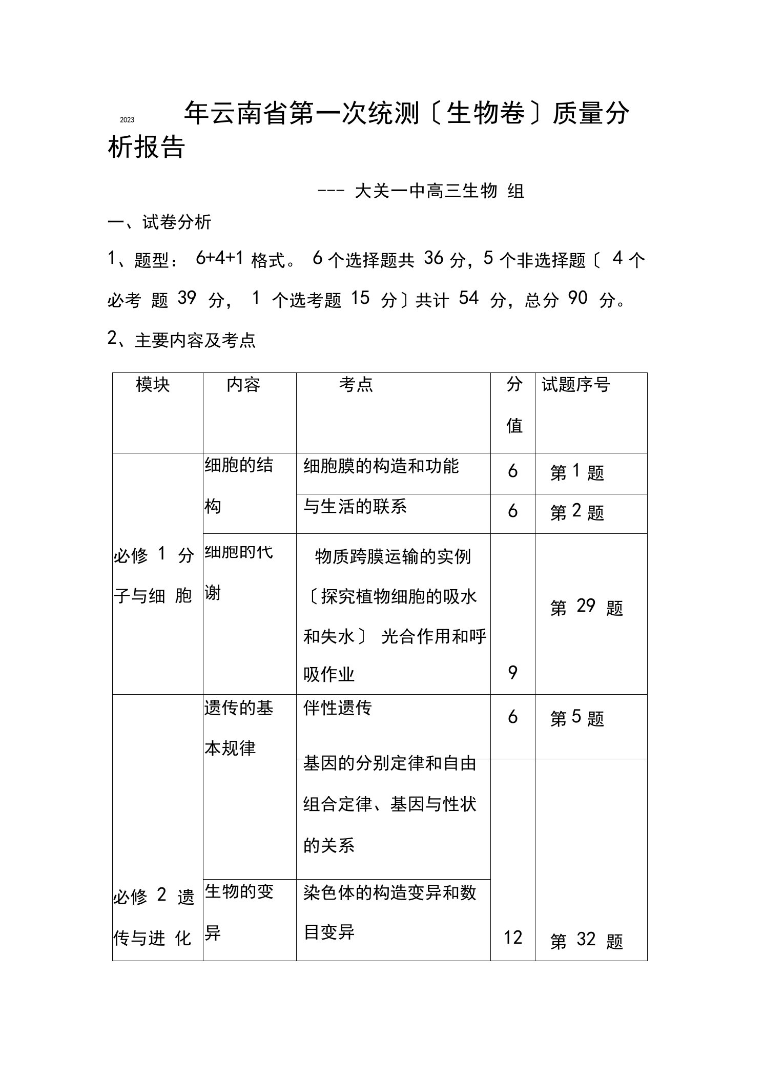 云南省第一次统测质量分析报告