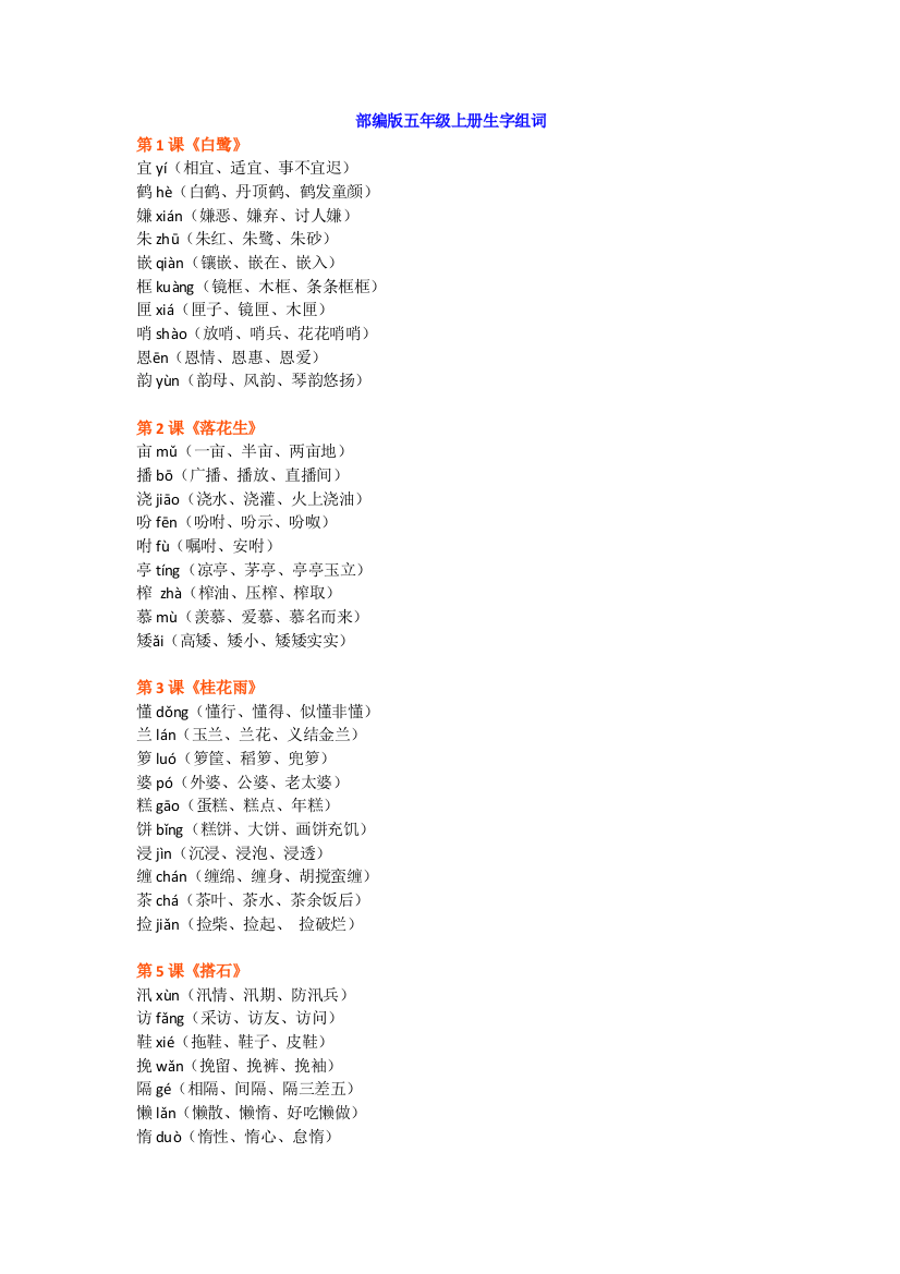 【小学语文】2019最新部编版五年级上册语文生字表生字组词汇总