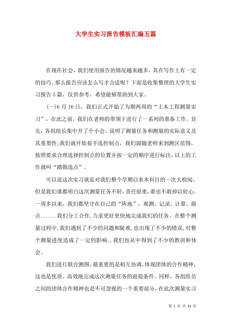 大学生实习报告模板汇编五篇