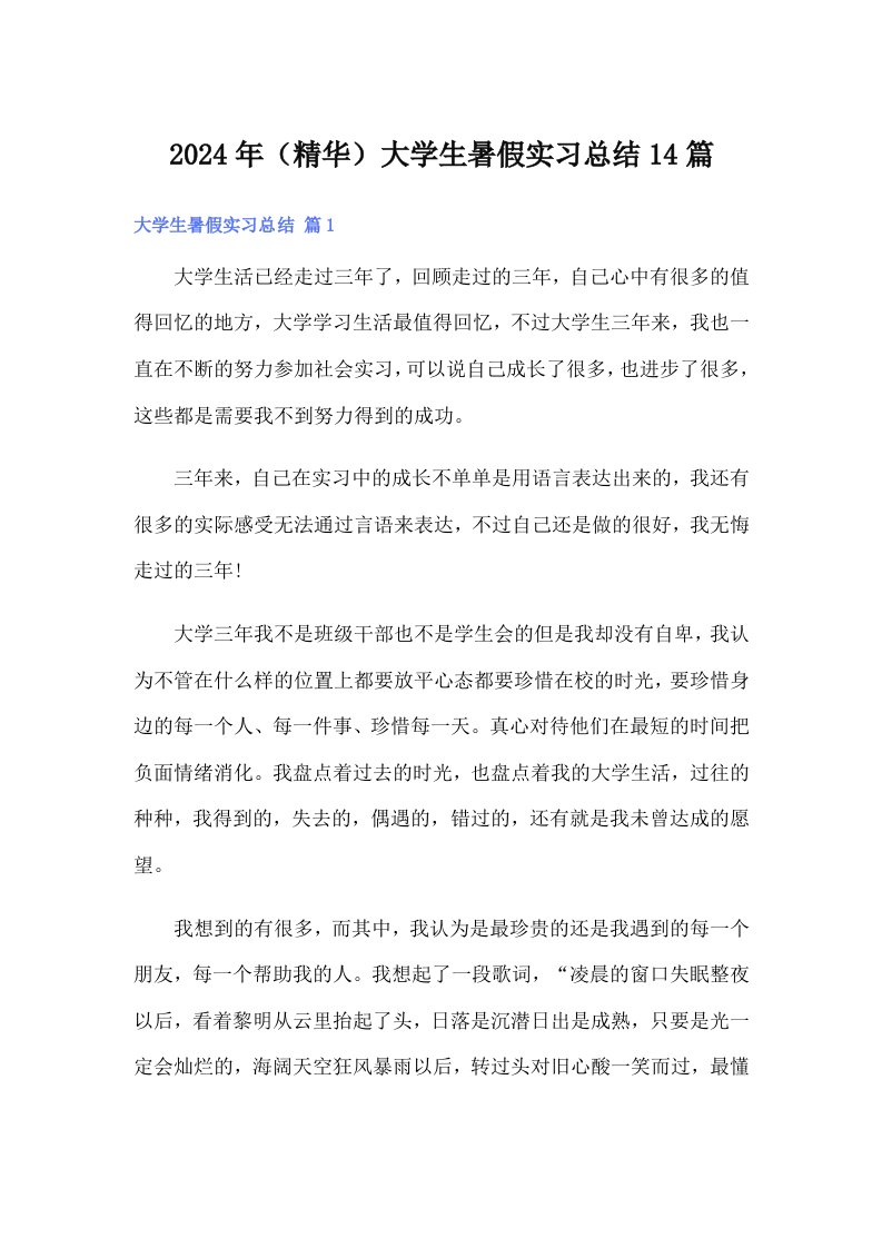 2024年（精华）大学生暑假实习总结14篇