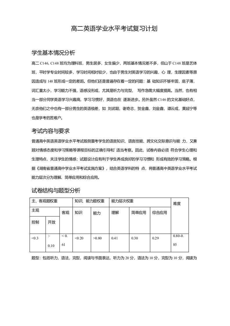 高二英语学业水平考试复习计划