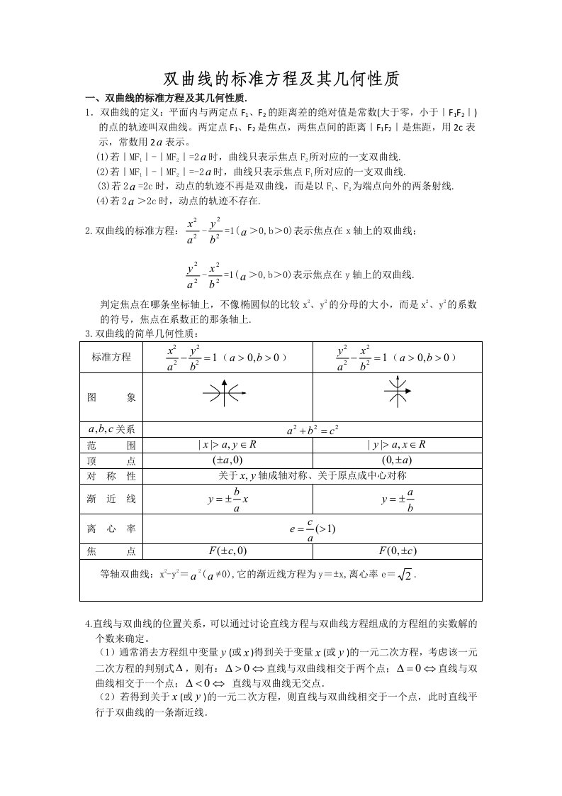 双曲线的标准方程及其几何性质