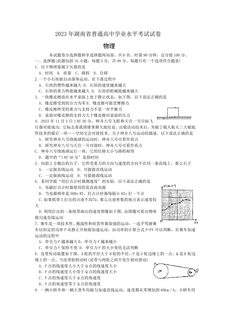 2023年湖南省普通高中学业水平考试物理试题及答案