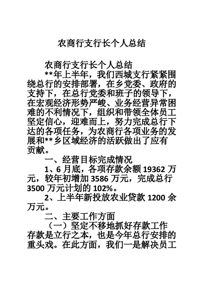 农商行支行长个人总结