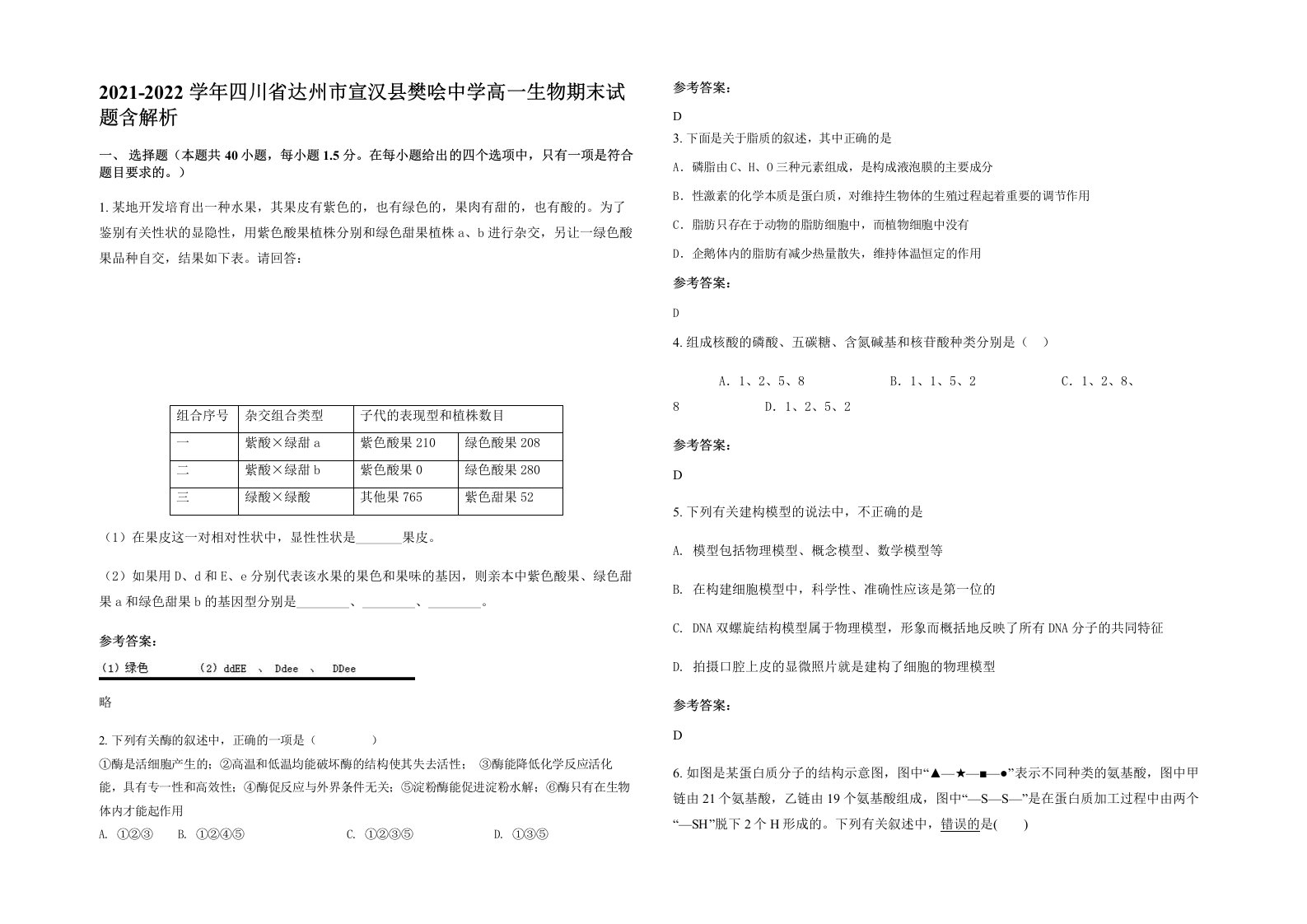 2021-2022学年四川省达州市宣汉县樊哙中学高一生物期末试题含解析