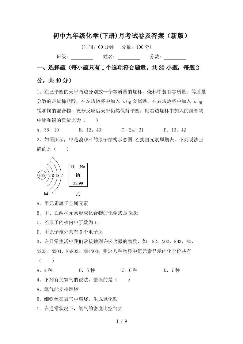 初中九年级化学下册月考试卷及答案新版