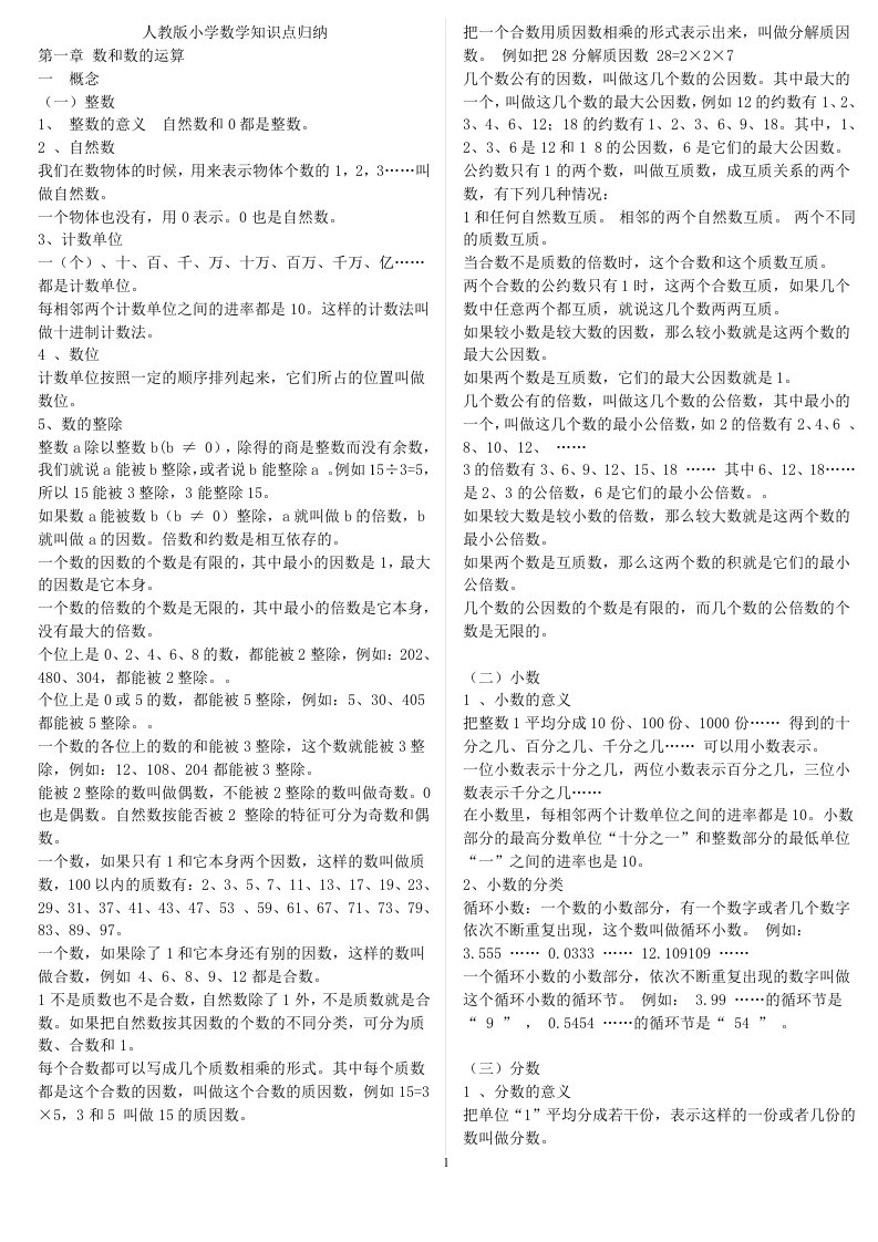 人教版小学数学知识点总结