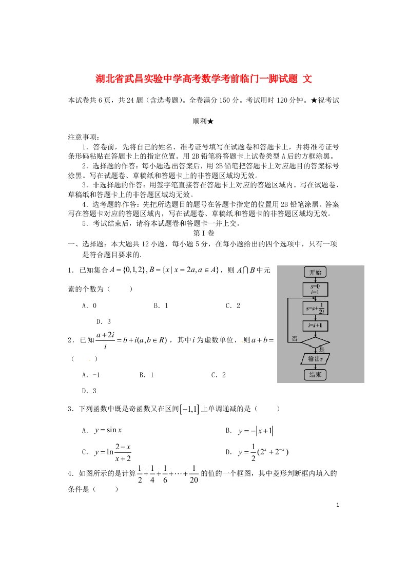 湖北省武昌实验中学高考数学考前临门一脚试题