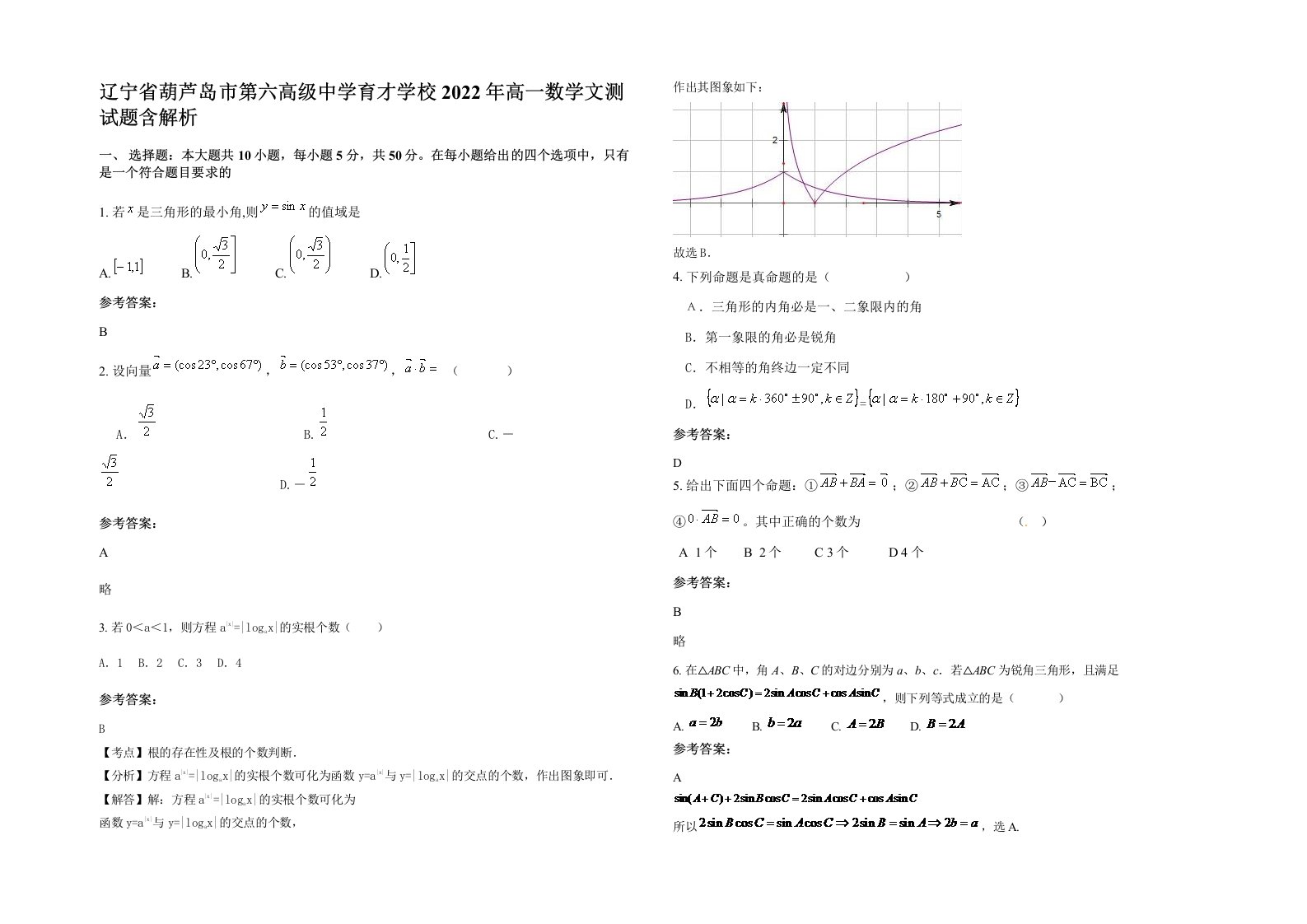 辽宁省葫芦岛市第六高级中学育才学校2022年高一数学文测试题含解析