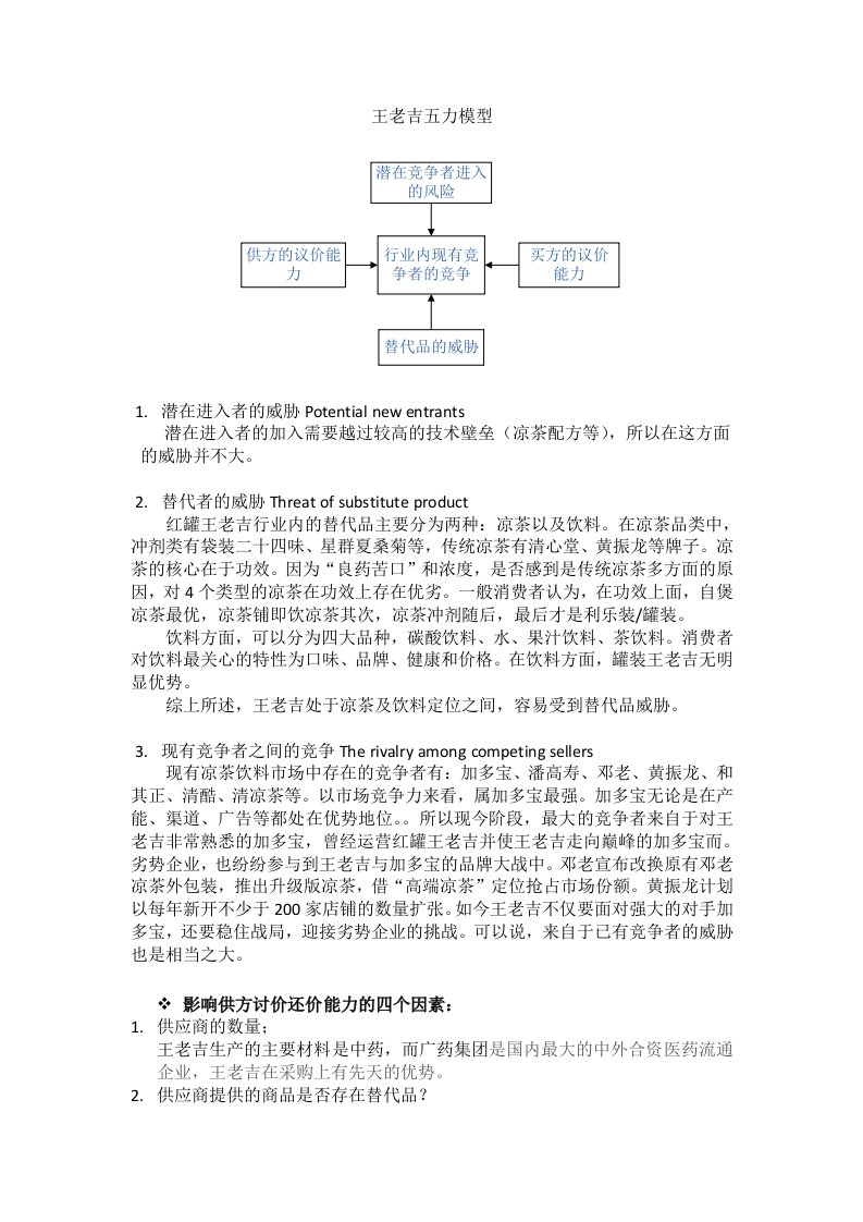 王老吉波特五力分析