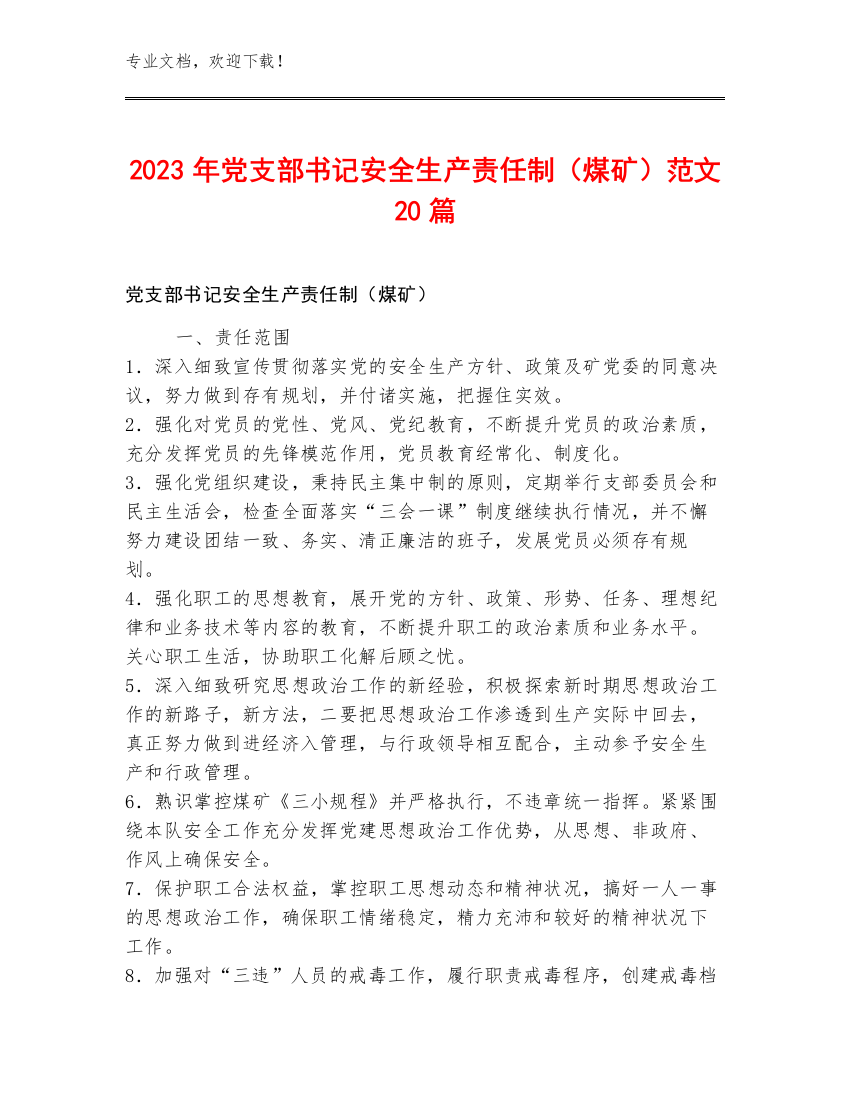 2023年党支部书记安全生产责任制（煤矿）范文20篇