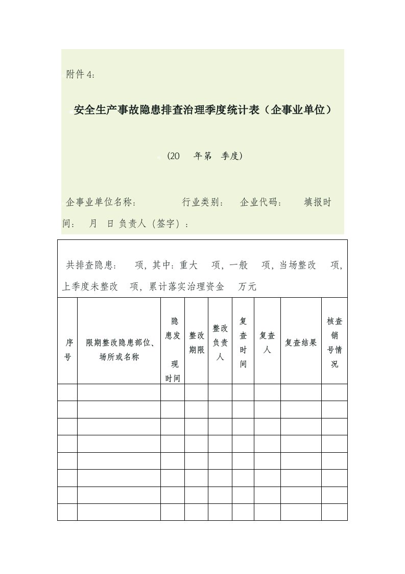 安全生产事故隐患排查治理季度统计表