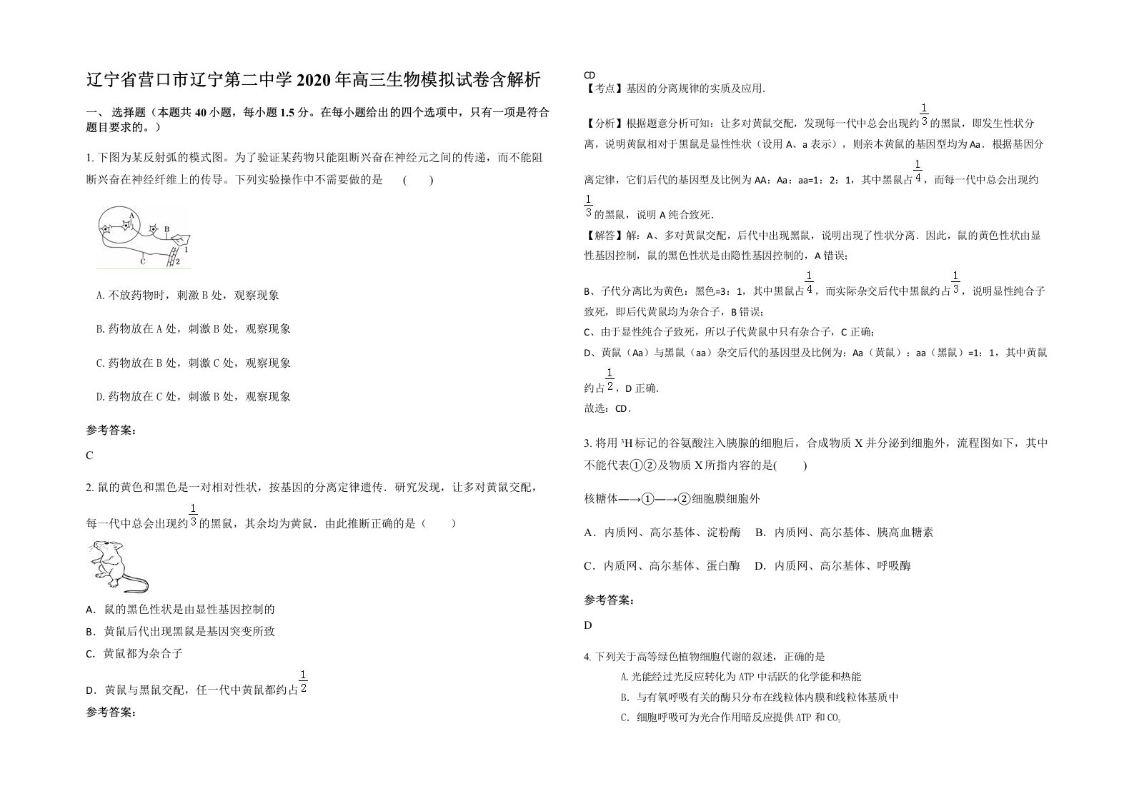 辽宁省营口市辽宁第二中学2020年高三生物模拟试卷含解析