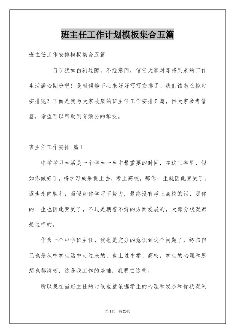 班主任工作计划模板集合五篇例文