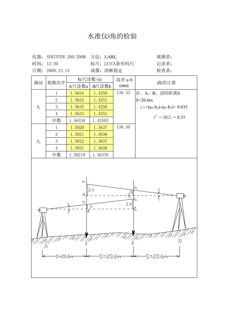 水准仪i角检验自动计算表