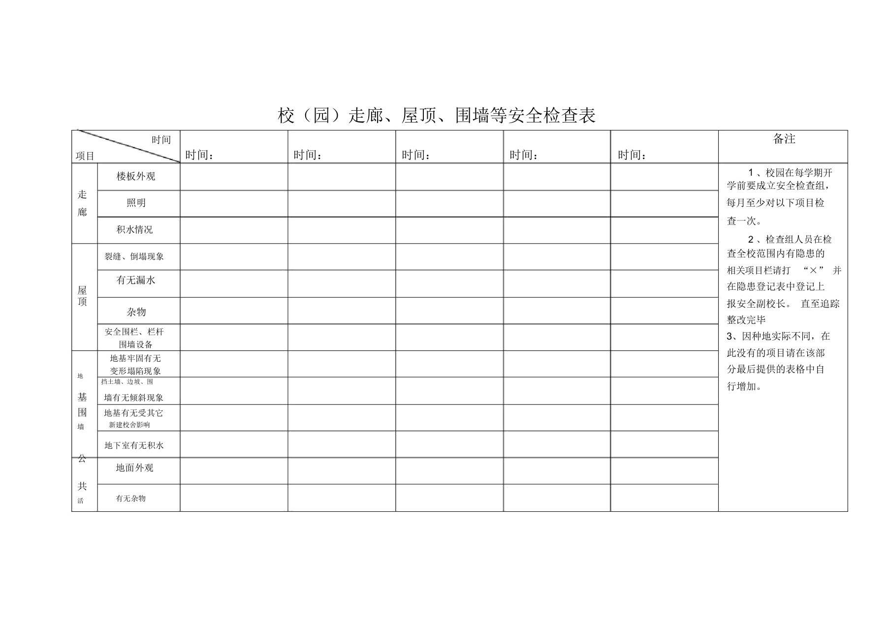 校(园)走廊、屋顶、围墙等安全检查表