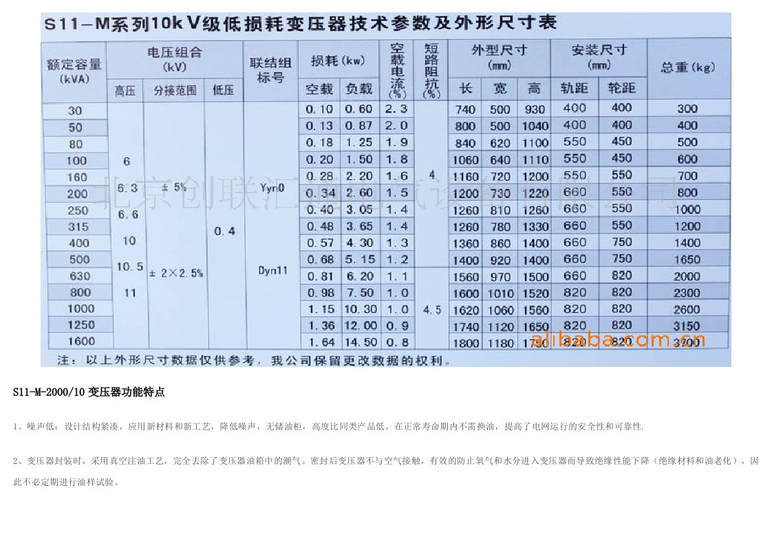 S11变压器技术参数