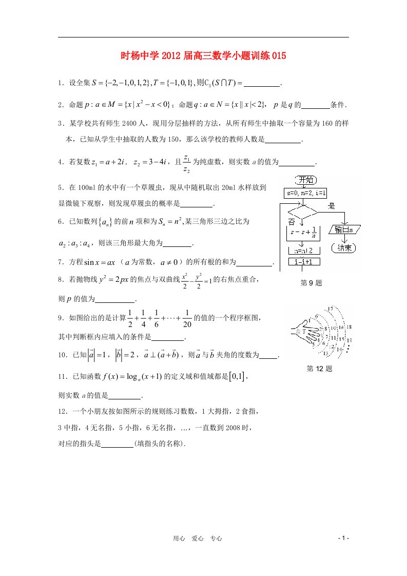 时杨中学2012届高三数学小题训练15