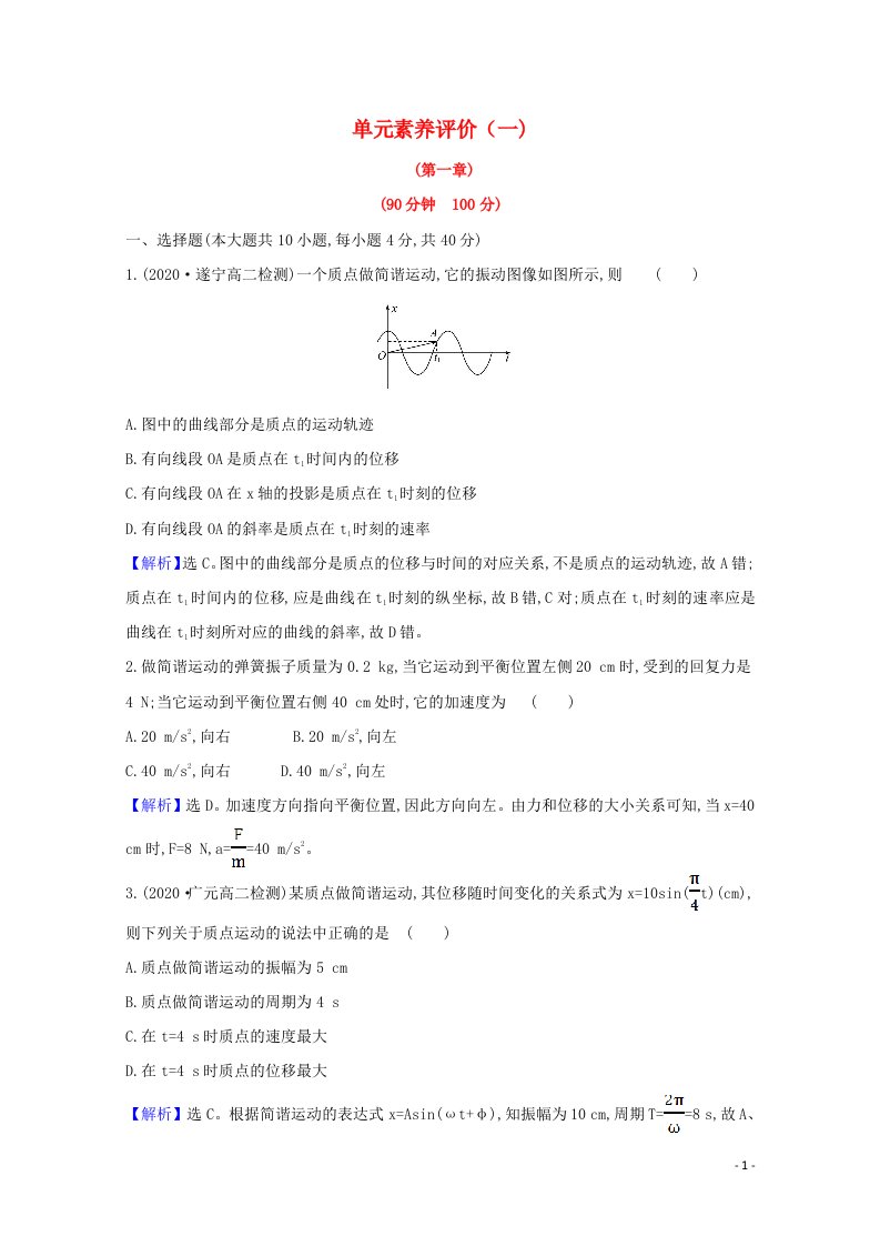 2020_2021学年高中物理第一章机械振动单元素养评价含解析教科版选修3_4