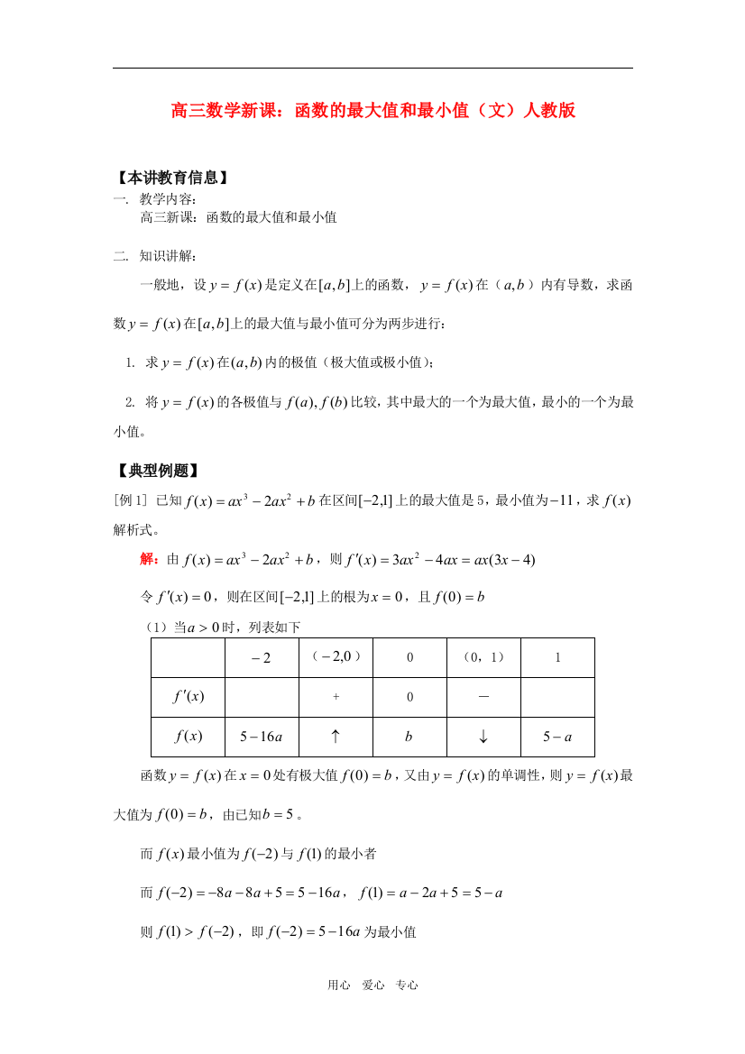 高三数学新课：函数的最大值和最小值（文）人教版知识精讲