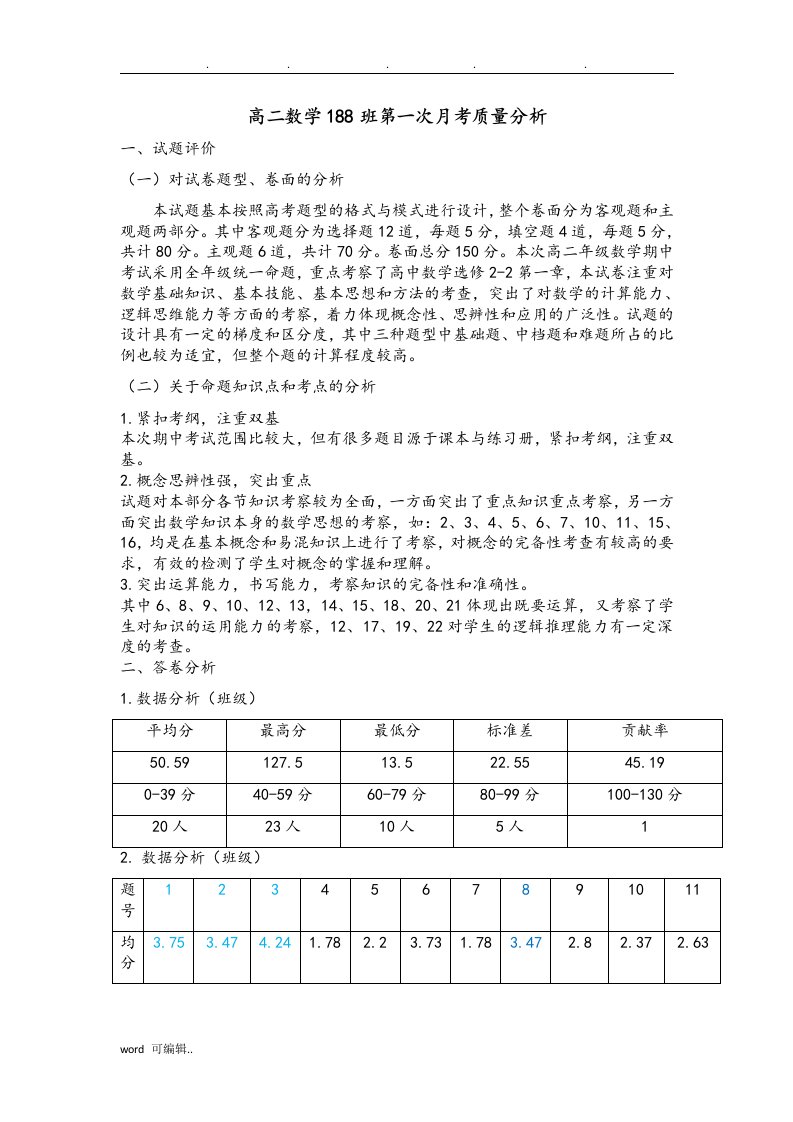 高中二年级数学月考质量分析报告