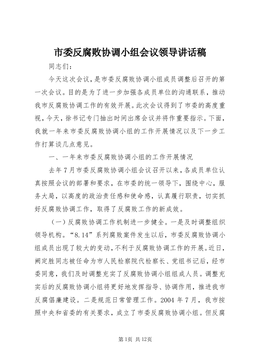 市委反腐败协调小组会议领导讲话稿