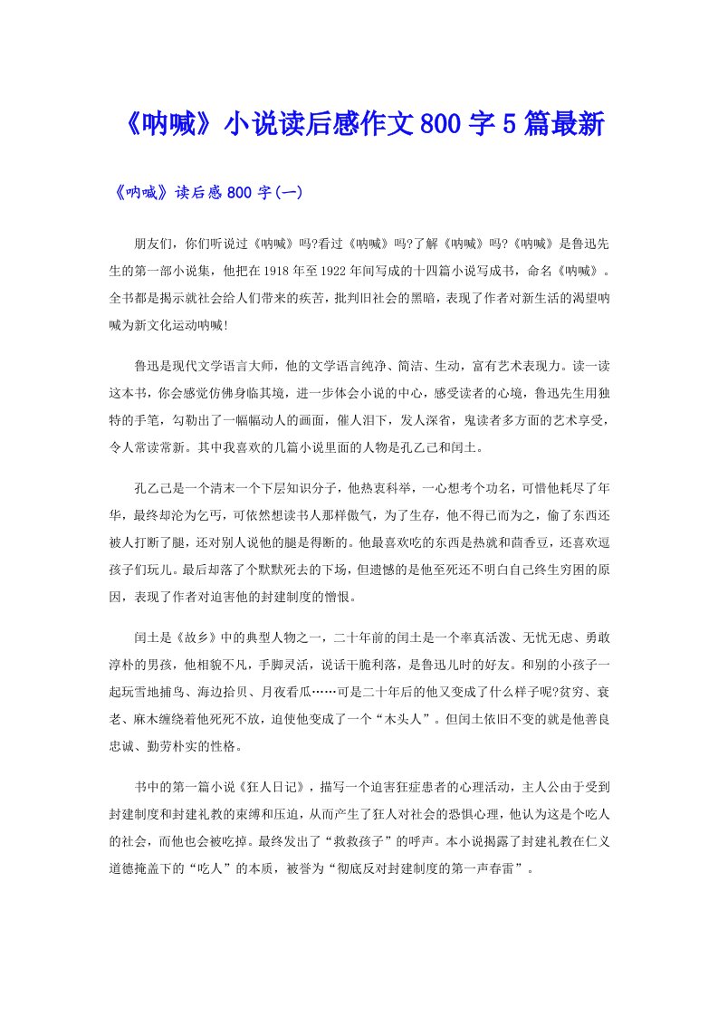 《呐喊》小说读后感作文800字5篇最新