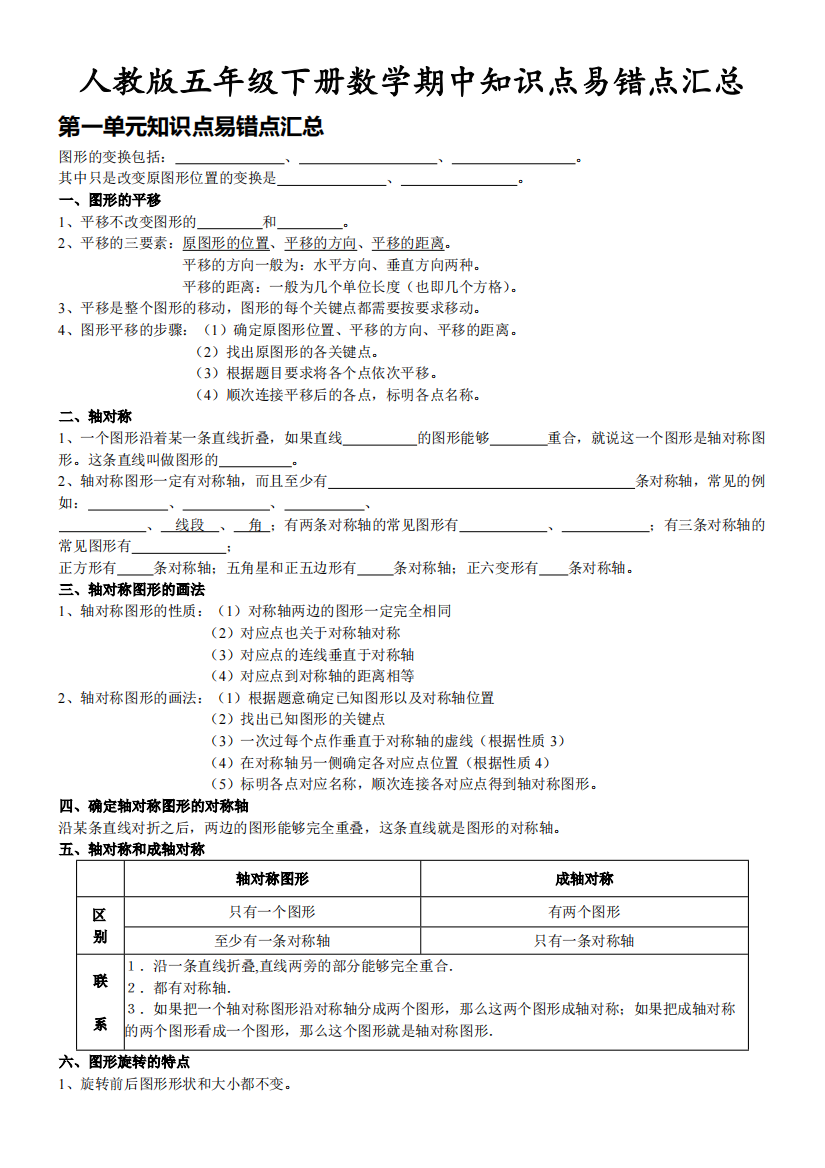 人教版五年级下册数学期中知识点易错点汇总397