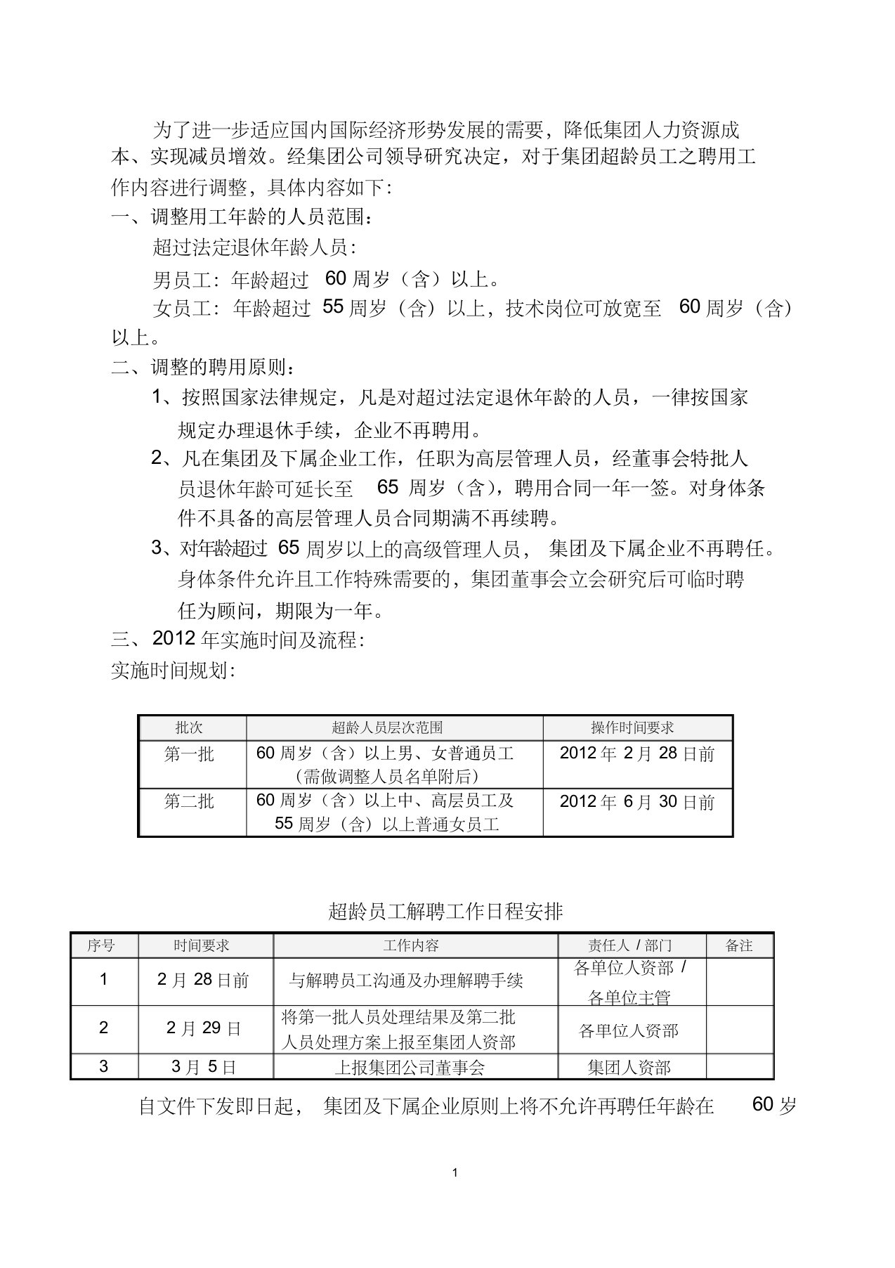 超龄员工聘用工作的调整方案