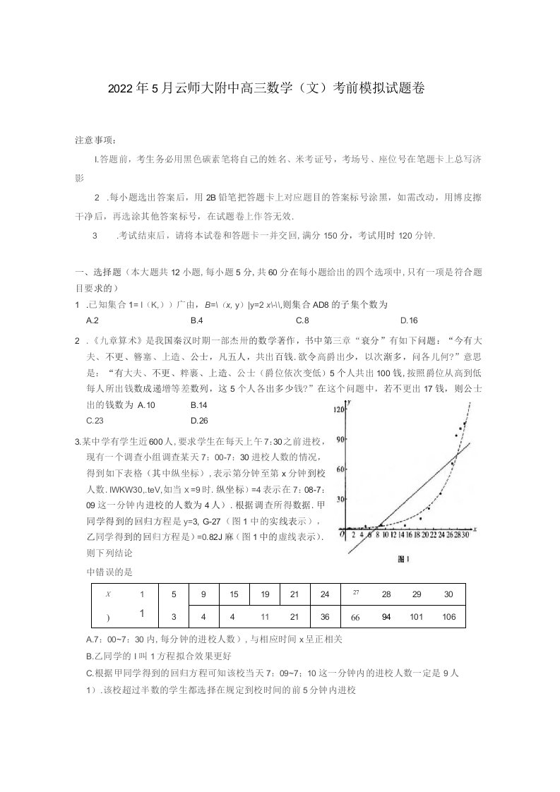 2022年5月云师大附中高三数学（文）考前模拟试题卷附答案解析