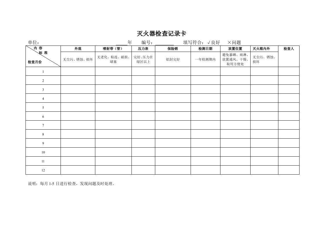 灭火器、消火栓检查记录表记录卡