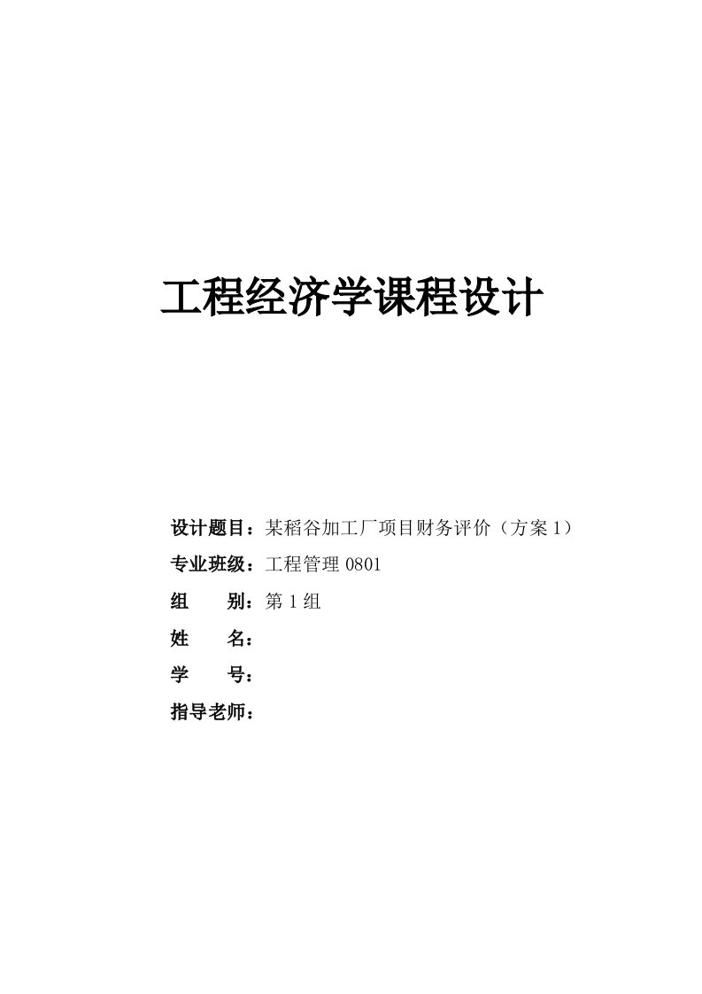 2021年重点工程经济学优秀课程设计稻谷加工厂优质项目财务评价专题方案