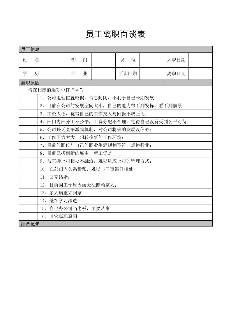 员工离职面谈表（表格模板、DOC格式）.DOC