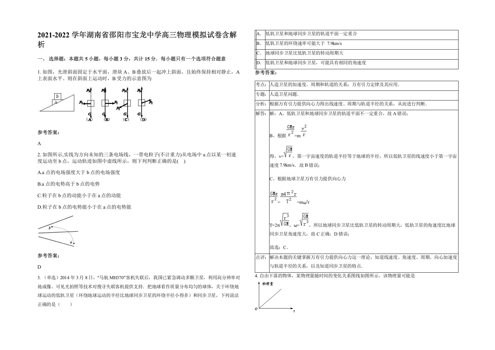 2021-2022学年湖南省邵阳市宝龙中学高三物理模拟试卷含解析