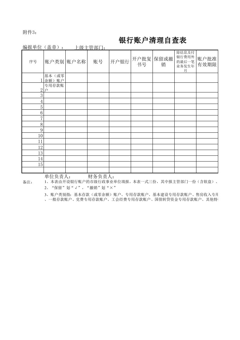 银行账户清理自查表