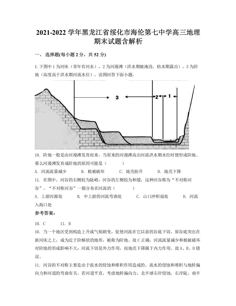 2021-2022学年黑龙江省绥化市海伦第七中学高三地理期末试题含解析