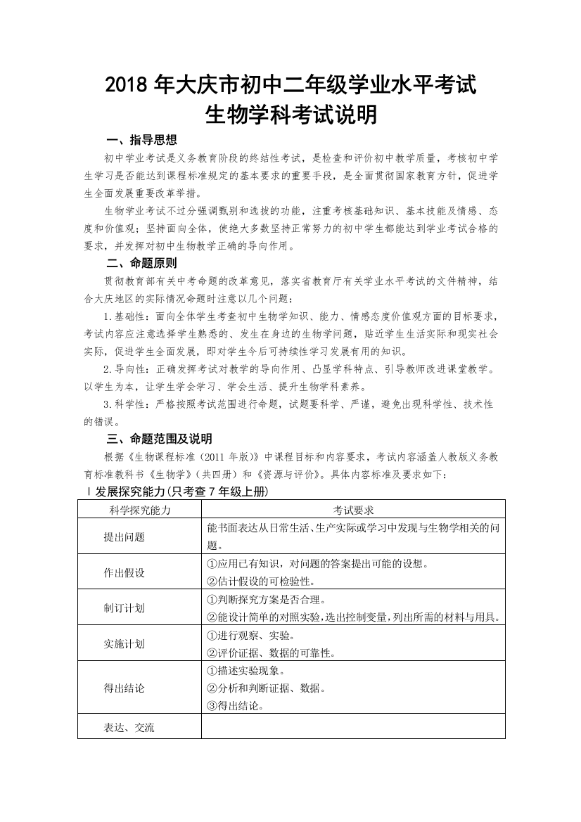 大庆初中二年级学业水平考试