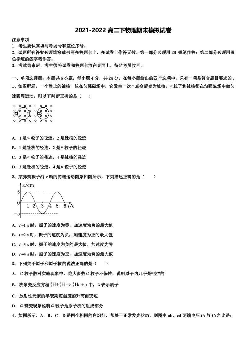 2022届陕西省咸阳市示范初中物理高二第二学期期末调研试题含解析