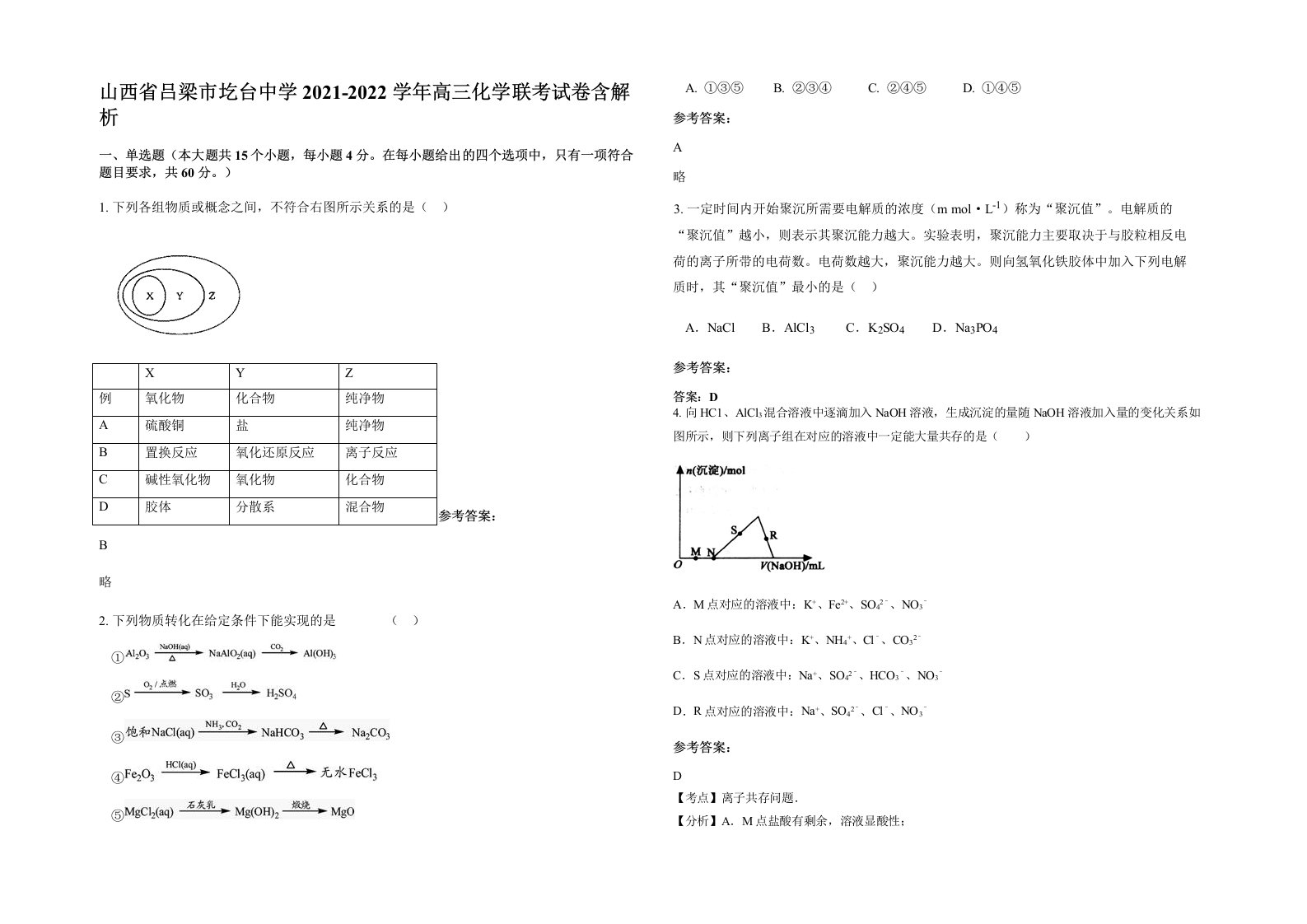 山西省吕梁市圪台中学2021-2022学年高三化学联考试卷含解析