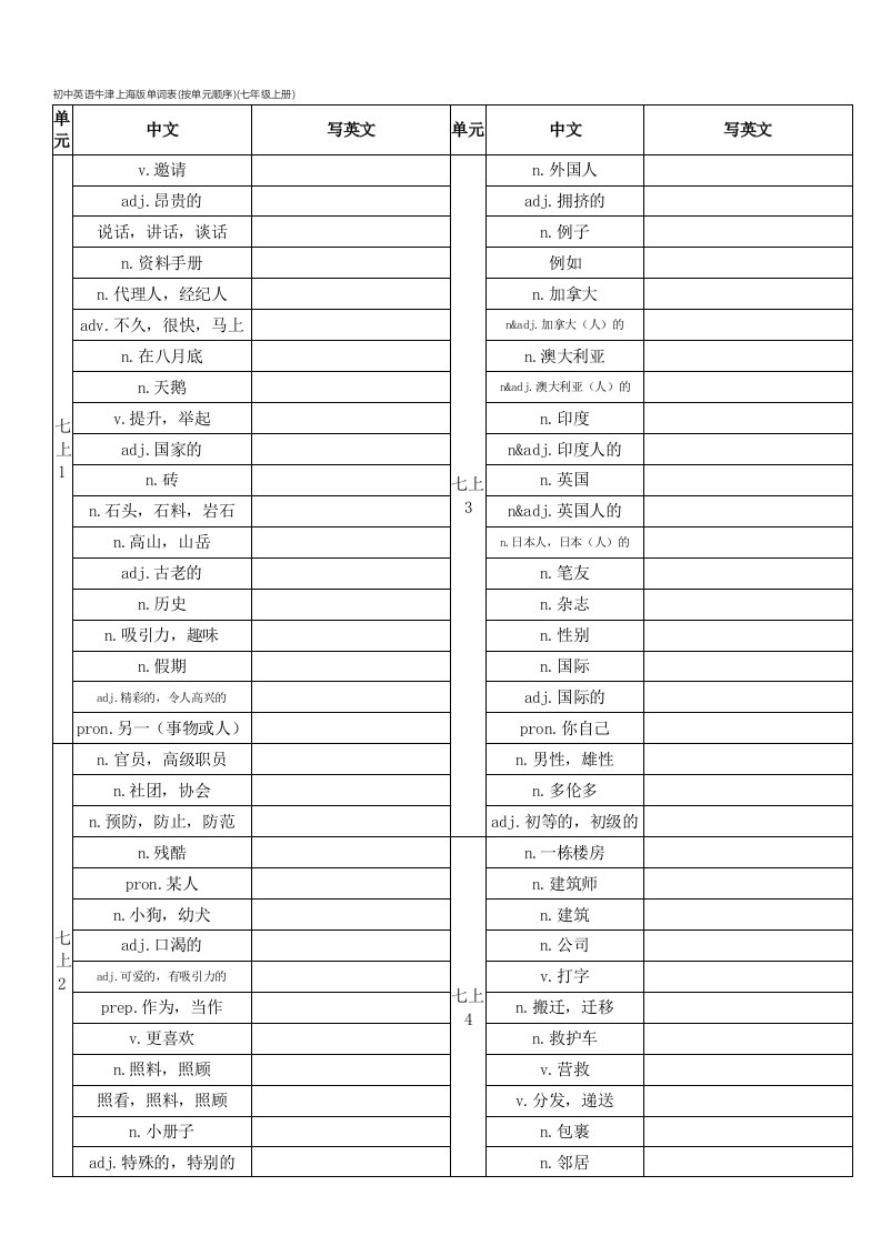 牛津版英语七上单词汉译英表格