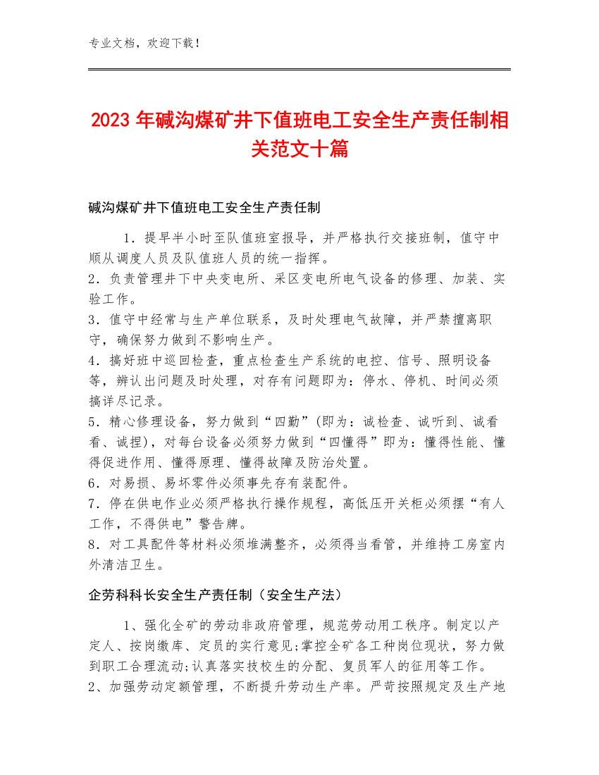 2023年碱沟煤矿井下值班电工安全生产责任制范文十篇