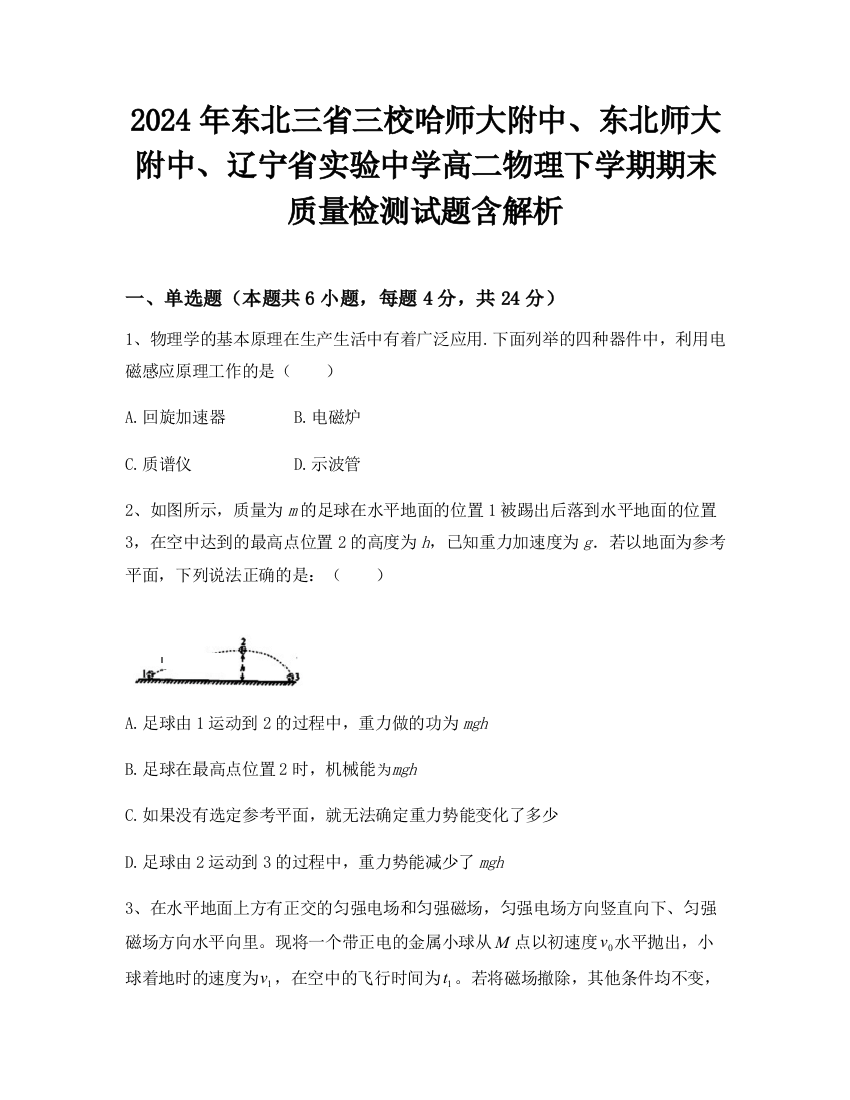 2024年东北三省三校哈师大附中、东北师大附中、辽宁省实验中学高二物理下学期期末质量检测试题含解析