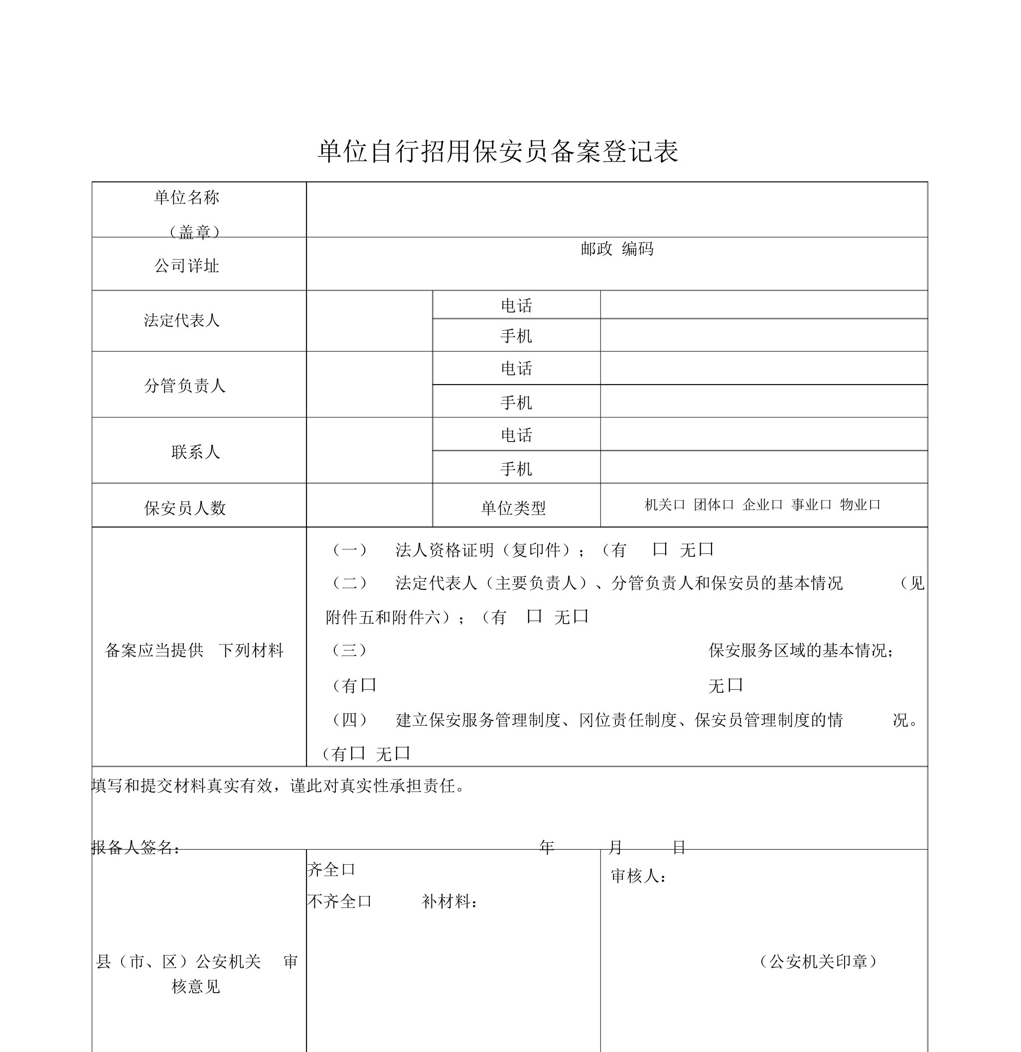 单位自行招用保安员备案登记表