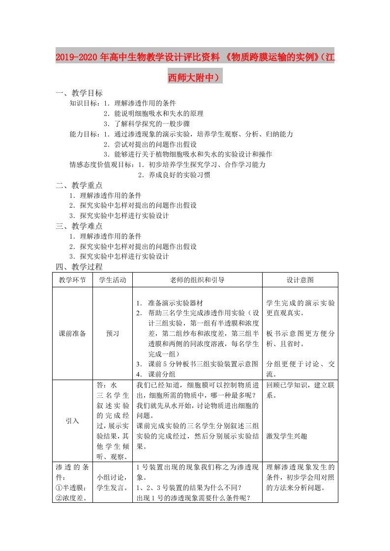 2019-2020年高中生物教学设计评比资料