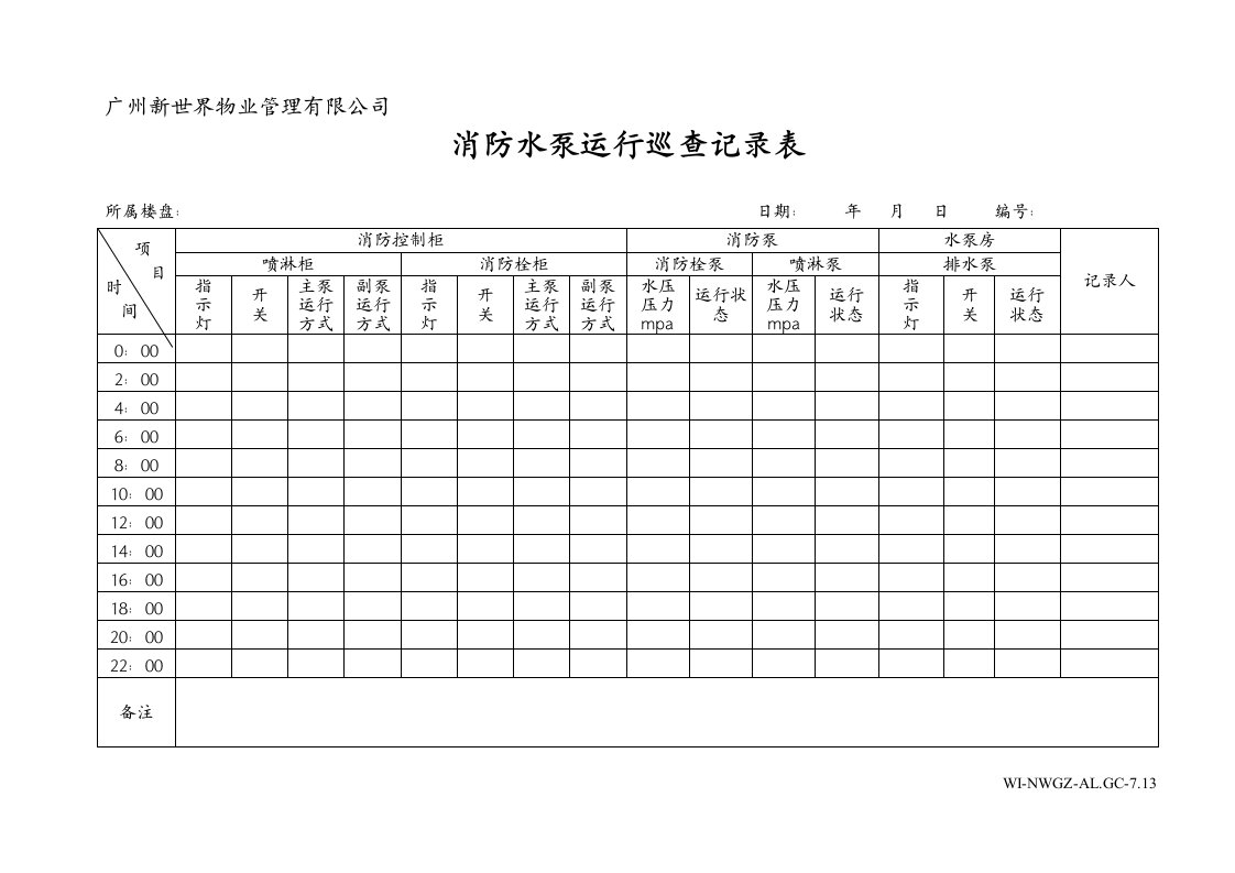 物业管理公司消防水泵运行巡查记录表WI-NWGZ-A