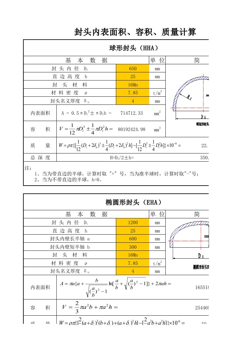 封头容积、质量、内表格面积和总高度计算(00001)